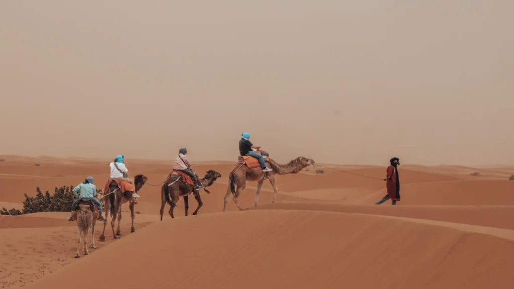 Excursión en camello al atardecer por el desierto de Merzouga durante un circuito de 9 días en Marruecos.